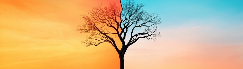 Silhouetted tree against a vibrant sunset and dawn sky, symbolizing the beauty of nature and the passage of time.