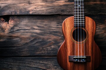 Obraz premium Close up of ukulele on old wooden background, Dark tone , ai