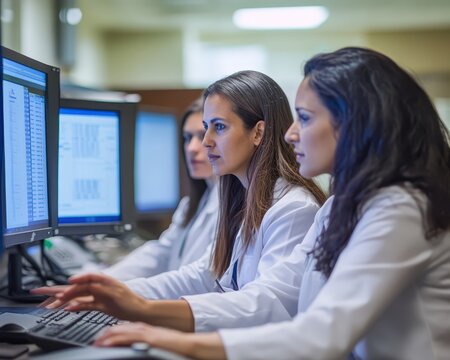 Women conducting research on health data in a government health department, emphasizing analysis and public health policy, Female health researchers, Health labor
