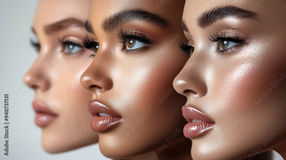 Wall mural Young woman with Contour and Highlight makeup sample,Young beautiful womman applying makeup using a brush,multiracial ladies ,Professional Contouring face make-up over,Make up woman face.