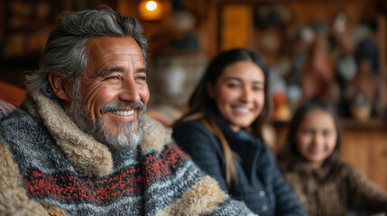 A family gathering in a cozy living room, with multigenerational members sharing stories and laughter, surrounded by cultural artifacts, with copy space