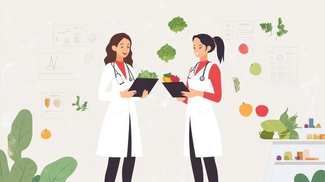 Female nutritionists working together to develop healthy meal plans in a clinic, promoting wellness, Women in nutrition, Health and workforce