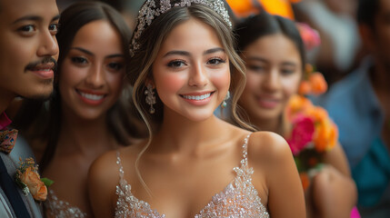 Obraz premium A family celebrating a quinceañera, with the young woman in a beautiful dress surrounded by loved ones, capturing a special cultural tradition, with copy space
