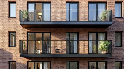 The newly constructed brick apartment house showcases a modern and stylish design, highlighted by its elegant balconies and windows.