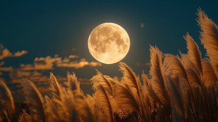 Full moon and Japanese pampas grass in midnight,The harvest Miscanthus sinensis and full moon,beautiful night sky in the countryside with the perfect moon exudes beauty in the dark.