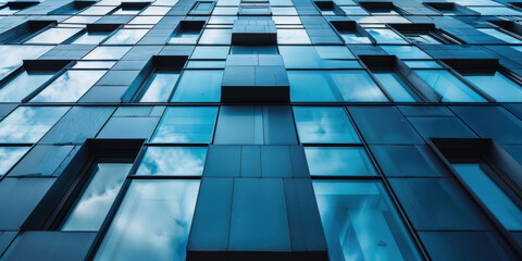 Close-up view of modern architectural facade showcasing abstract design elements with reflective glass and geometric patterns