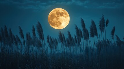 Fototapeta premium Full moon and Japanese pampas grass in midnight,The harvest Miscanthus sinensis and full moon,beautiful night sky in the countryside with the perfect moon exudes beauty in the dark.
