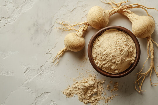 Powdered Maca or Peruvian ginseng (lat. Lepidium meyenii), peruvian ginseng maca lepidium meyenii dried root powder superfood supplement ingredient healthy nutrition concept photo, copy space for text