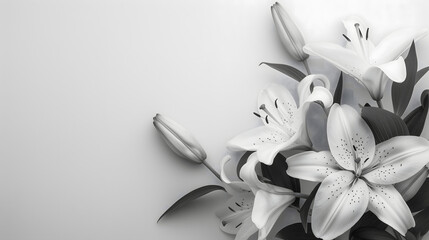 Lily flowers monochrome horizontal funeral invitation template with empty copy space for text. Condolences card