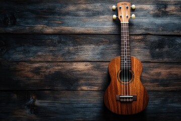 Naklejka premium Close up of ukulele on old wooden background, Dark tone , ai