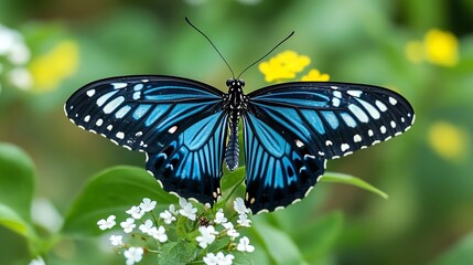 Fototapeta premium The blue tiger butterfly (Tirumala limniace) is a striking butterfly species known for its vibrant, iridescent blue wings adorned with bold black markings.