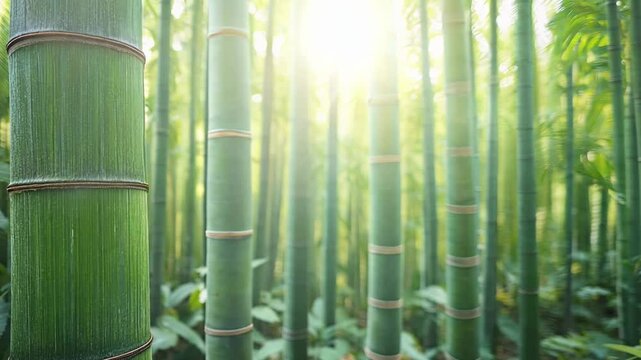 Experience tranquility in a bamboo forest as morning light breaks through, illuminating the tall green stalks and vibrant vegetation.