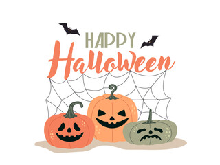 Halloween festival card. Happy holiday. Halloween pumpkins postcard. Bat and cobweb.