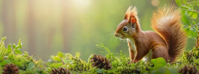 Obraz premium A tight shot of a squirrel among tall blades of grass Pine cones dot the foreground, while trees frame the scene in the background