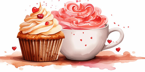 watercolor cupcake with heart and coffee