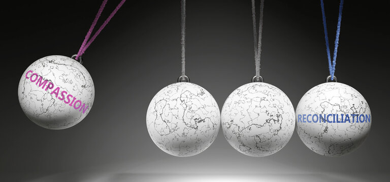 Compassion and Reconciliation - cause and effect relationship. A Newton cradle metaphor showing how compassion results in reconciliation. It initiates reconciliation. ,3d illustration