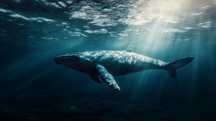 Fototapeta premium Majestic humpback whale swimming through deep blue ocean water illuminated by dramatic sunbeams.