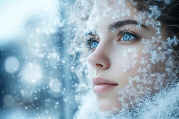 Surreal portrait of a woman with snowflake patterns on her face symbolizing mental clarity introspection and the complexity of thought in a winter themed ethereal design