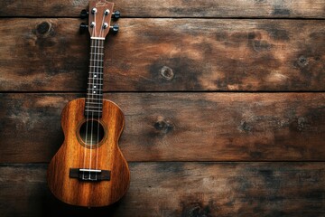 Obraz premium Close up of ukulele on old wooden background, Dark tone , ai