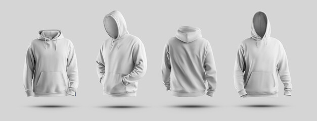 White oversized hoodie template 3D rendering, men's clothing for design, branding, print, front, side, back view. Set