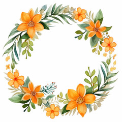 Obraz premium Watercolor orange flowers and green leaves circular frame