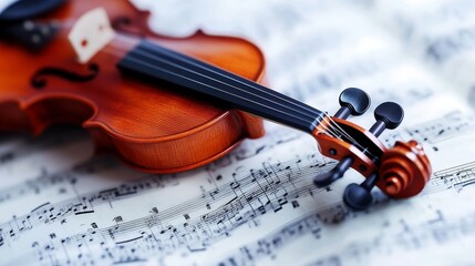 Fototapeta premium A close-up shot of a violin resting on sheet music, the instrument's warm wood contrasting with the white paper.