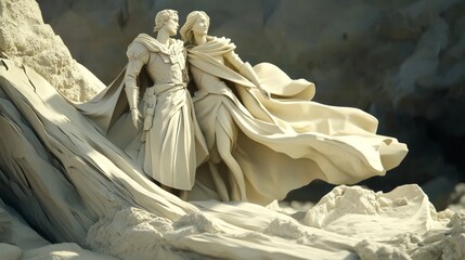 A couple in flowing robes stand on a rocky cliff, gazing into the distance. The wind whips their robes, creating dramatic movement.