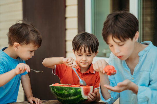 Boys eating watermelon with spoon in back yard