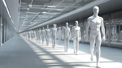 A long line of white mannequins walk down a sterile corridor.