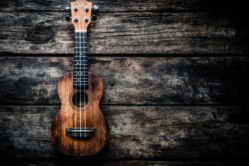 Obraz premium Close up of ukulele on old wooden background, Dark tone , ai