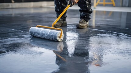 A worker uses a roller to apply a sealant to a floor. The photo shows the process of sealing a concrete floor, a common task in construction and renovation projects.