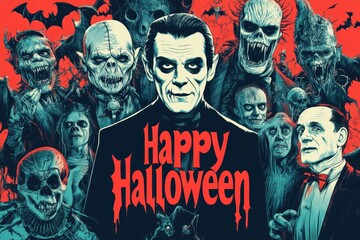 Monster Mash Collage: Images of classic monsters like Dracula, Frankenstein, and the Mummy. The text "Happy Halloween" in a retro, monster-themed font at the center