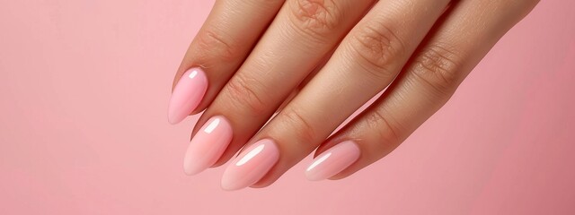 Female hand with pink nail design on pink background. Nail polish manicure.