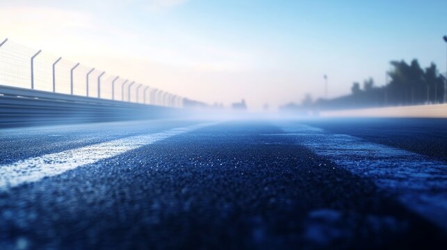 A race track stretches into the distance, shrouded in a misty morning light - Powered by Adobe