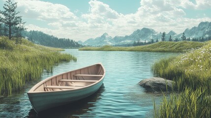 A small wooden boat floats serenely on a calm lake, surrounded by lush greenery and majestic mountains.  The sun shines brightly, casting a warm glow on the scene.