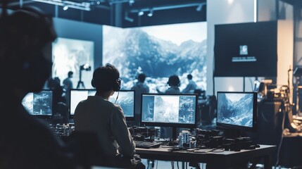 A team of professionals work in a post-production studio, editing a film or television show.