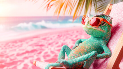 Portrait of a stylish chameleon wearing glasses on the beach. Summer vacation concept. Origin