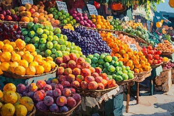An abundant display of colorful fruits in a vibrant market scene, showcasing the bustling atmosphere