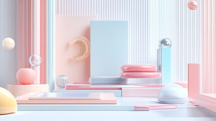 Abstract geometric shapes in pastel colors create a modern and minimalist background.  Perfect for product displays or design inspiration.