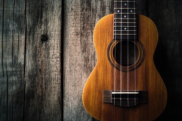 Naklejka premium Close up of ukulele on old wooden background, Dark tone , ai