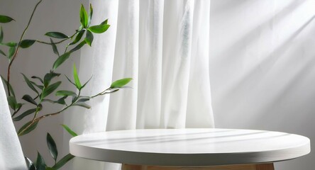 White wooden round side table with tropical plant, blowing white curtain in beautiful sunlight, leaf shadow on white wall for luxury beauty, organic, health, cosmetic, product display.