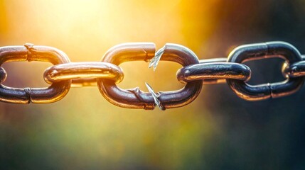 Obraz premium A close-up of a broken metal chain reflects struggle and separation. The sunlight glimmers on the steel links. This image expresses the idea of loss and disconnection. AI