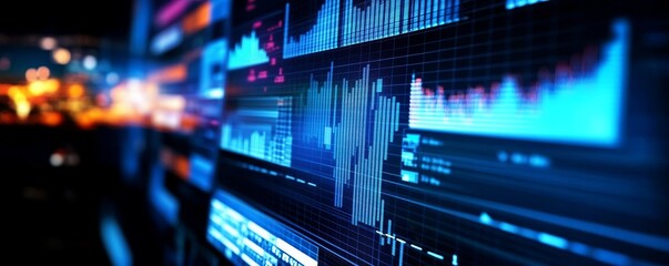 Blue and green graphs and charts on a monitor.