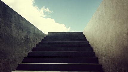 Fototapeta premium Concrete staircase leading upwards to a bright sky with clouds.