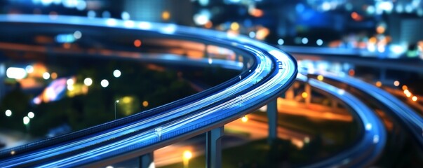 Elevated highway with city lights at night.