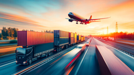 Dynamic Transportation Hub with Airplane Overhead and Cargo Containers on Railway Tracks at Sunset