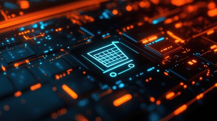 Glowing digital shopping cart icon on a circuit board, representing e-commerce technology in a futuristic setting.