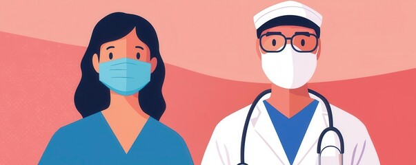 Illustration of healthcare professionals wearing masks and scrubs, standing together, promoting safety and teamwork in medical care. monkeypox