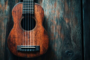 Fototapeta premium Close up of ukulele on old wooden background, Dark tone , ai