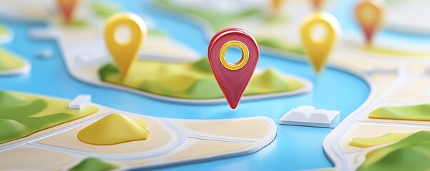 Red and yellow map pins on a colorful map.